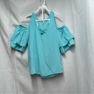 Blue Puff‎ Sleeve Blouse with Ruffled Crisscross straps on front